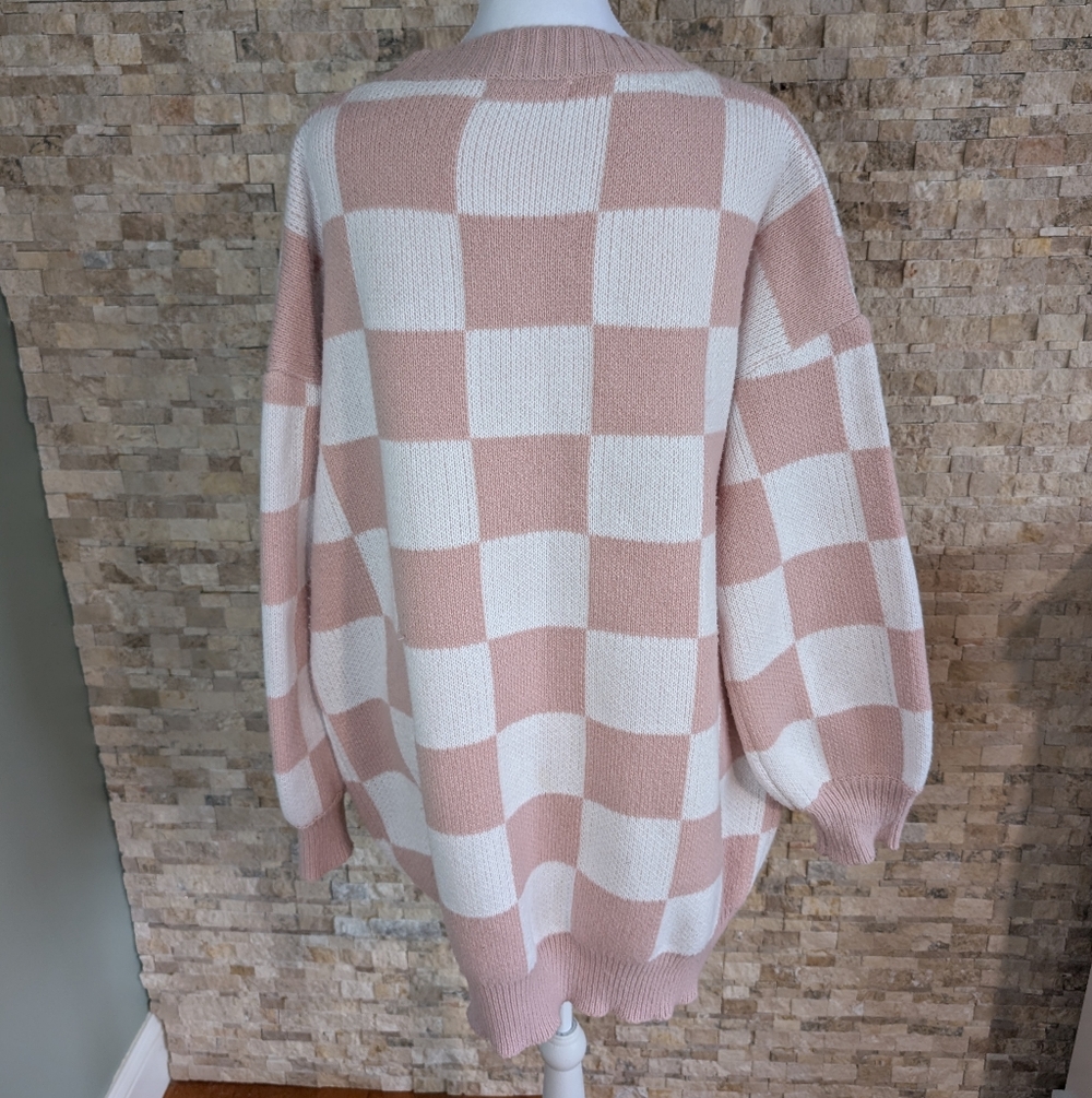 Blush Cream Checkered Cardigan Sweater Oversized Cozy Knit Coquette Soft Girl S image 3